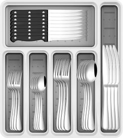 49-Piece Stainless Steel Silverware Set with Cutlery Organizer, Service for 8 with Steak Knives and Kitchen Utensils 49-Piece Stainless Steel Silverware Set with Cutlery Organizer, Service for 8 with Steak Knives and Kitchen Utensils