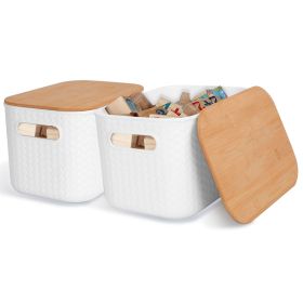 2Pcs Storage Bins with Bamboo Lids Stackable Plastic Storage Container with Handle Storage Box Accessories Holder for Bedroom Kitchen Shelf Close 2Pcs Storage Bins with Bamboo Lids Stackable Plastic Storage Container with Handle Storage Box Accessories Holder for Bedroom Kitchen Shelf Close